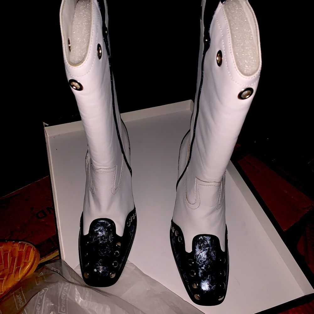 Black and white Leather Boots with Stud detail